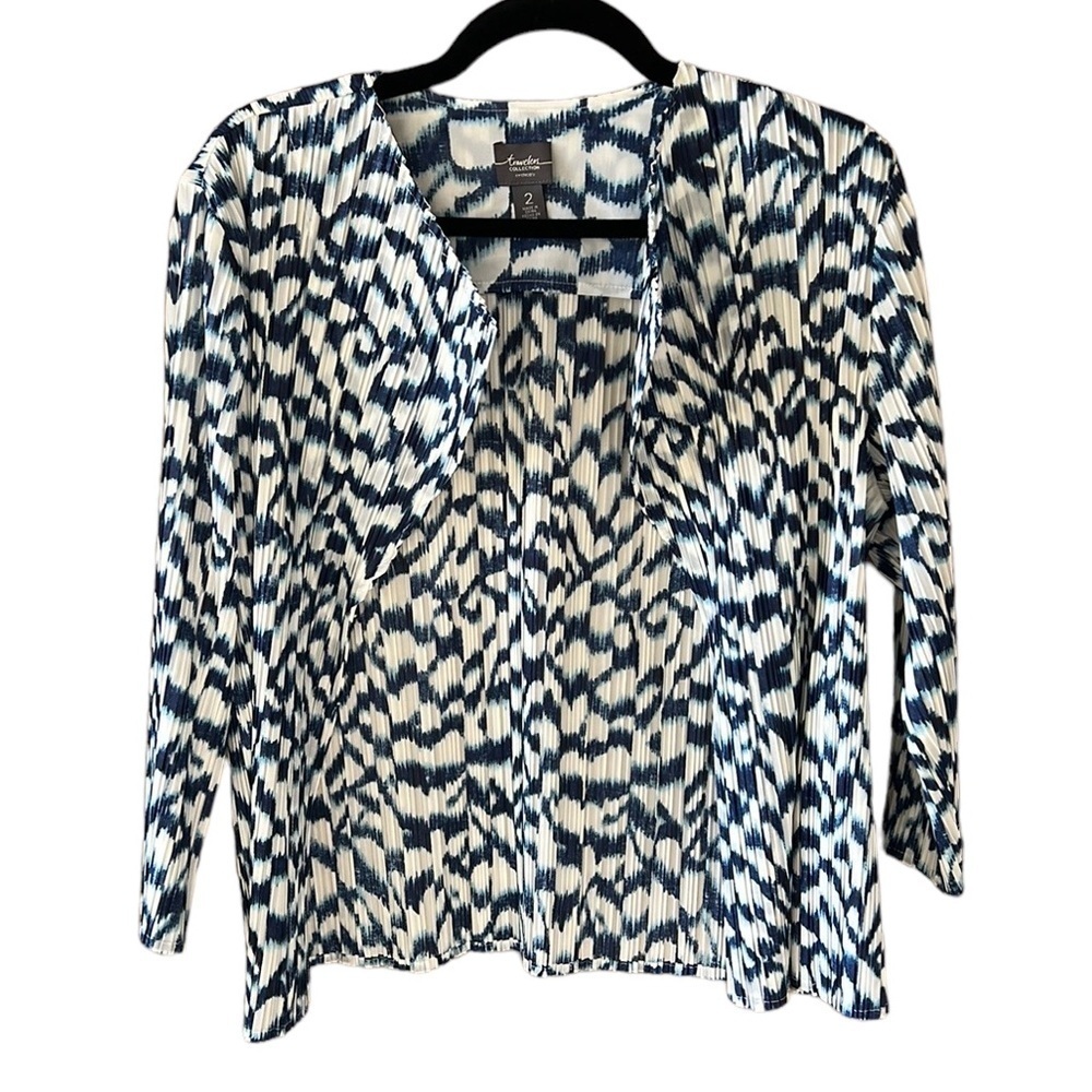 Chico’s Travelers Brushstroke Stripes Pleated Jacket Blue White Coastal Sz L - Picture 2 of 10